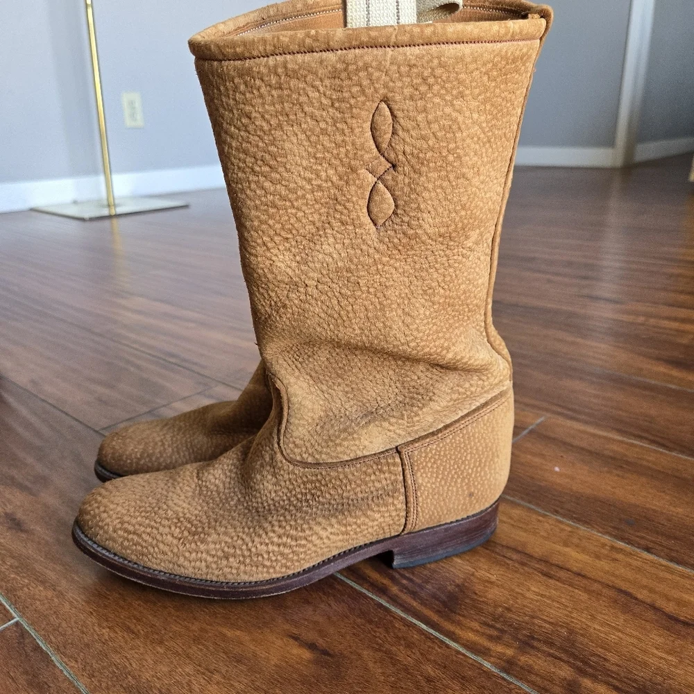 Pebbled Tan Brown Leather Roughout Suede Pull-On Western Grunge Cowboy Men Boots